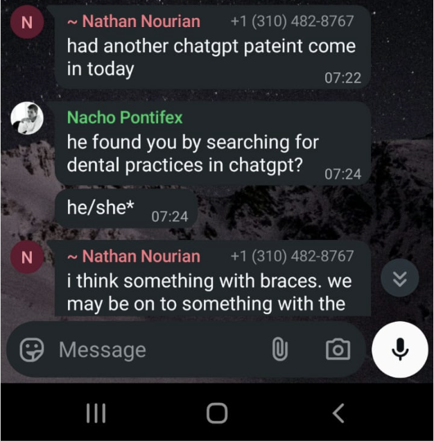 WhatsApp conversation about braces patient finding practice through ChatGPT