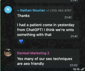 WhatsApp conversation showing excitement about orthodontic patient from ChatGPT